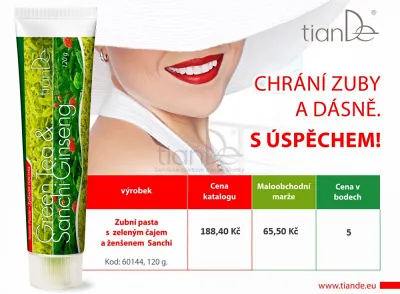 TianDe Zubná pasta Zelený čaj a ženšen Sanchi, najnovsie tiande, tiande, recenzia, vlozky, kozmetika
