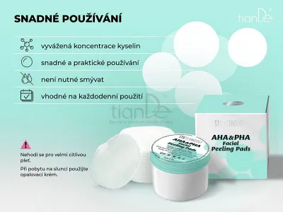 TianDe Peelingové tampóny na tvár s obsahom kyselín AHA a PHA, tiande recenzie, tiande naplaste, tiande vlozky, tiandebeauty, tiandecentrum